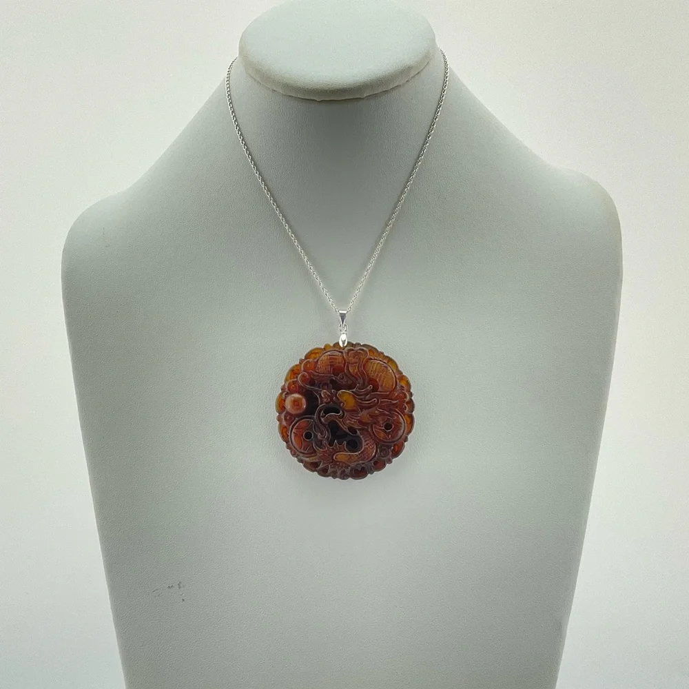 Jade Dragon Pendant, Handmade, Brown Jade, Lucky Stone, 18k Gold Plated Bail - Picture 8 of 11